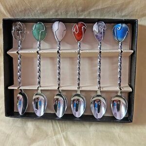 GEMSTONE SPOONS, SET OF 6, EACH SPOON 4 INCHES LONG, QUARTZ, AVENTURINE, PINK